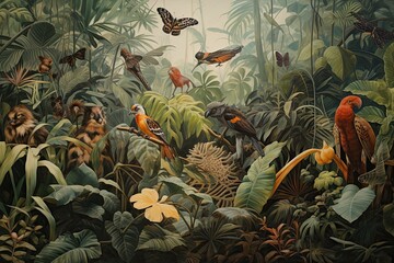 Sticker - Tropical forest with flowers, butterflies and birds. Digital painting, AI Generated