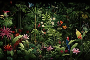 Poster - Beautiful tropical flowers and birds in the jungle. Illustration, AI Generated