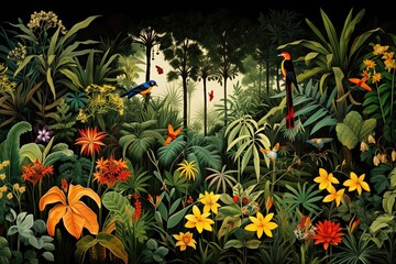 Poster - Tropical forest with wild flowers and birds - illustration for children, AI Generated