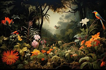 Poster - Tropical forest landscape with flowers and birds. Digital painting, AI Generated