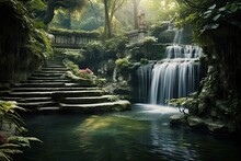 Beautiful Waterfall In The Garden At Doi Inthanon National Park, Chiang Mai, Thailand, AI Generated