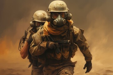 Sticker - Soldiers in a gas mask and a gas mask with a gun, AI Generated