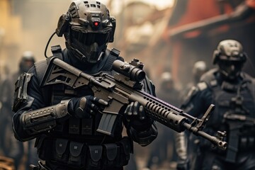 Wall Mural - Close-up view of a special forces soldier with assault rifle, AI Generated