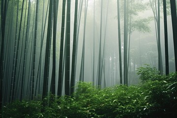 Sticker - bamboo forest with fog in the morning, Chengdu, Sichuan Province, China, AI Generated