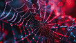 a  spider web with red lights on dark background, spider web with dew