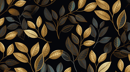 Wall Mural - vintage luxury seamless floral background with golden leaves on black background