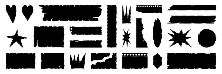 Wall Mural - Set of grunge jagged rectangle, irregular star, crown and heart shape. Black torn paper sheet for sticker, collage, banner. Vector illustration isolated on white background.