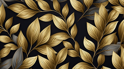 Wall Mural - black background with luxury gold seamless floral background with golden leaves