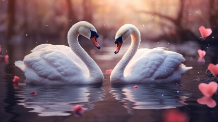 Couple of swan on romantic valentines background. Valentine's day greeting card, in love