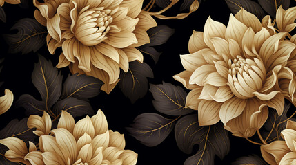 Wall Mural - luxurious vintage pattern with golden flowers dahlia on dark background