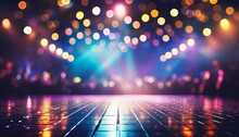 A Spotlight Karaoke Show Performance Glowing Concert Stage Lights Bokeh Neon Glow Event Party Shiny Nightclub Disco Night Music Glitter Blur Shine Bright Musical Rock Live Empty Theater Club Theater