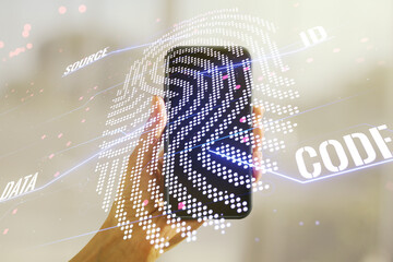 Aufkleber - Abstract creative fingerprint concept and hand with phone on background. Multiexposure