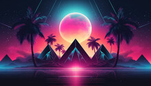 Egyptian Pyramids With Sun And Palm Trees In Neon Color ,spring Concept
