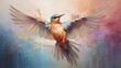 A charming songbird with soft, pastel-colored feathers, captured mid-flight, its wings spread wide in a moment of freedom and elegance.