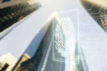 Poster - Multi exposure of virtual fingerprint scan interface on blurry cityscape background, digital access concept