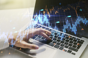 Poster - Multi exposure of abstract creative financial chart with world map and with hand typing on computer keyboard on background, research and analytics concept