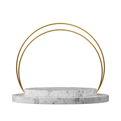 white marble cylinder podium in square, gold circle 3d render image of transparent background
