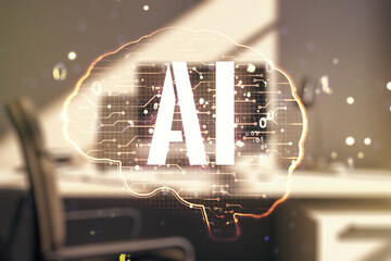 Poster - Double exposure of creative artificial Intelligence symbol and modern desktop with laptop on background. Neural networks and machine learning concept