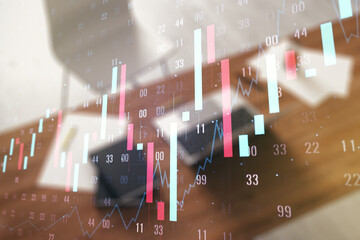 Poster - Abstract creative financial graph and modern desktop with pc on background, financial and trading concept. Multiexposure