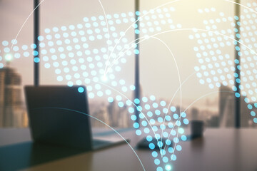 Poster - Abstract creative world map with connections and modern desktop with computer on background, international trading concept. Multiexposure