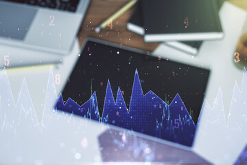 Poster - Multi exposure of abstract graphic data spreadsheet sketch and modern digital tablet on desktop on background, top view, analytics and analysis concept