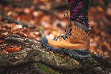 Wall Mural - leather hiking boot. woman in leggings walks in the autumn forest. sport clothing
