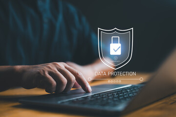 Fototapete - Cybersecurity data protection, businessman with security icons connecting to application ecosystem, protection from hacker, crime, identification and authentication, checkmark, padlock.