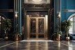 Elegant hotel entrance with golden accents and plants