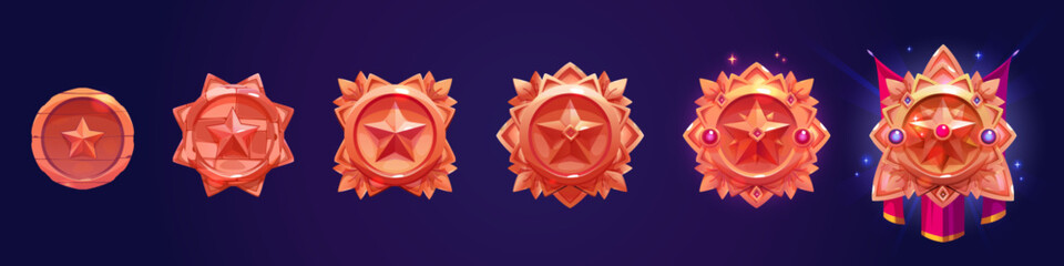 Round badge with star and various stages of decorations evolution for game level rank ui design. Cartoon vector illustration set of red trophy medal or emblem with gemstones and drapery progress.