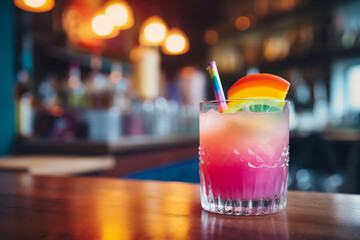 Colorful drink, cocktail close up on the table in a club, pub. Alcoholic beverage in a gay rainbow flag colors. LGBTQ celebration.