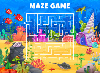 Aufkleber - Labyrinth maze game. Help to fish shoal find their underwater house kids puzzle quiz. Square labyrinth maze vector worksheet on cartoon sea bottom background with tropical fish, seashell house, corals