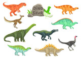 Fototapeta Dinusie - Cartoon dinosaur funny characters. Prehistoric reptile, paleontology extinct vector lizards. Ouranosaurus, Probactrosaurus, Suchomimus and Alectrosaurus, Alvarezsaurus, Aralosaurus cute personages