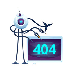 Leinwandbilder - 404 page with cartoon screen and future robot. Web site error warning, network problem message or webpage loading construction vector banner with SCI FI robot or droid with repair tools in tentacles