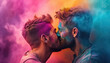 Two men kissing in paint at the festival , happy holi indian concept