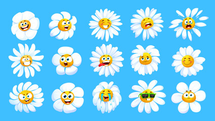 Wall Mural - Cartoon chamomile flower characters with funny faces or camomiles smiles, vector icons. Chamomile emoji emoticons, happy daisy or camomile floral baby sad, crying, angry face or laugh with tongue