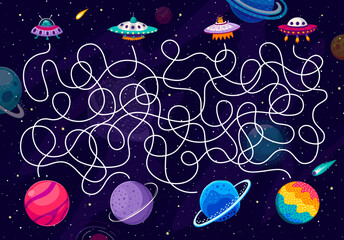 Poster - Labyrinth maze. Help to UFO find a home planet kids game worksheet. Galaxy quiz puzzle with vector space map on starry sky background, funny UFO and fantasy planets, comets, meteors and asteroids