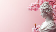 Venetian Woman Statue On Pink Background With Apple Tree In Bloom, March 8 World Women's Day
