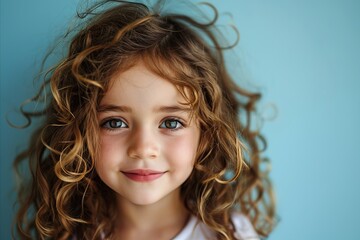 Portrait of a beautiful little girl with curly hair on a blue background