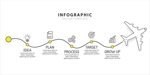 Wall Mural - Infographic design template. Timeline concept with 5 options or steps template. layout, diagram, annual, airplanes, travel, report, presentation. Vector illustration.