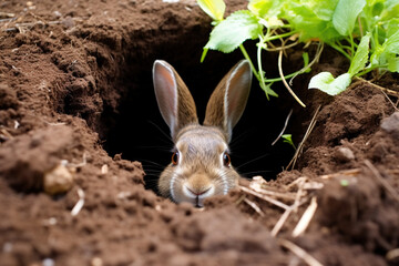 Rabbit looking out of hole a shallow burrow in the ground. Easter bunny hare creature symbol, celebrating spring time concept