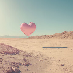 Wall Mural - Minimal love concept of pink heart shaped balloon in the middle of sandy desert. Soft pastel colors. Creative Valentine's Day