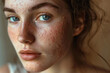 Woman with acne skin problem with hormonal acne, close up