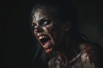 Fototapeta scary zombie with bloody face outdoors, closeup. halloween monster, ai generative