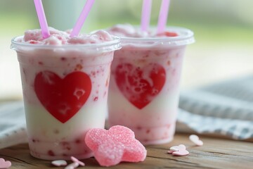 Wall Mural - two cups of pink drinks with straws and hearts