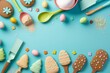 Top view photo of rolling-pin silicone spatula brush colorful easter eggs in paper baking molds cake shaped gingerbread cookies and sprinkles on isolated pastel blue background, Generative AI