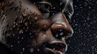 face portrait, close-up view of an individual's profile with a focus on texture and detail. It features meticulously rendered beads of water on the skin, suggesting either perspiration or rain