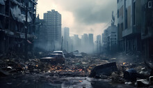 Apocalypse In The Big City Gray Smog And Mountains Of Garbage , Environmental Eco Safe Conservation