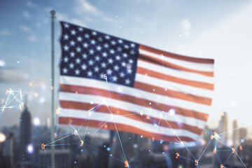 Poster - Abstract virtual wireless technology hologram on USA flag and blurry skyscrapers background, artificial intelligence and machine learning concept. Multi exposure