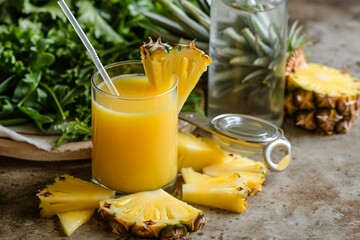 Wall Mural - a glass of pineapple juice with slices of pineapple