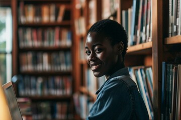 a woman smiling in a library